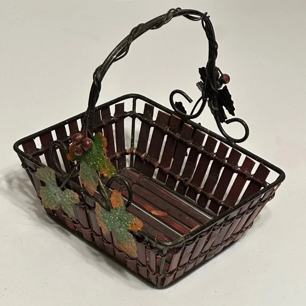Grape Vine Metal & Bamboo Wood Slat Decorative Basket with Handle Rustic Vintage